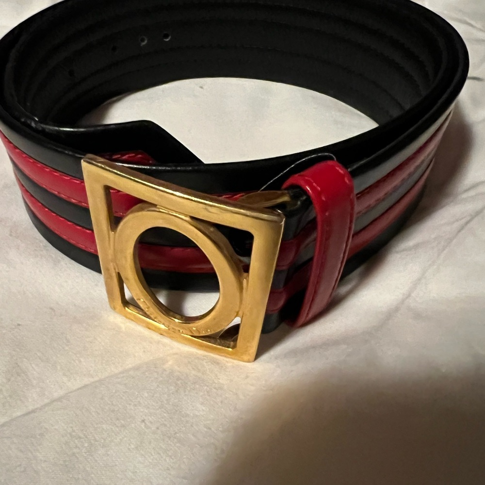 ElegantChristian Dior Red and Black leather Belt with Gold Buckle